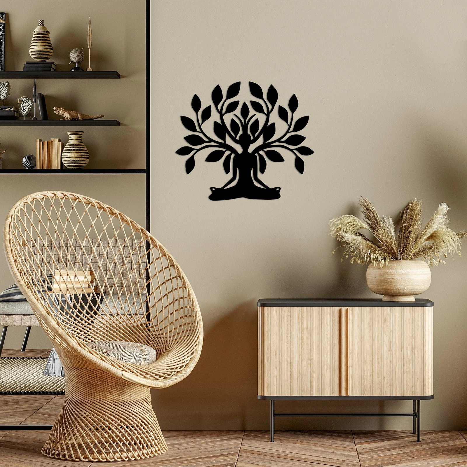 Aksesor dekorativ metalik për mur, Wallity, Yoga, ngjyrë e zezë, 60x70cm