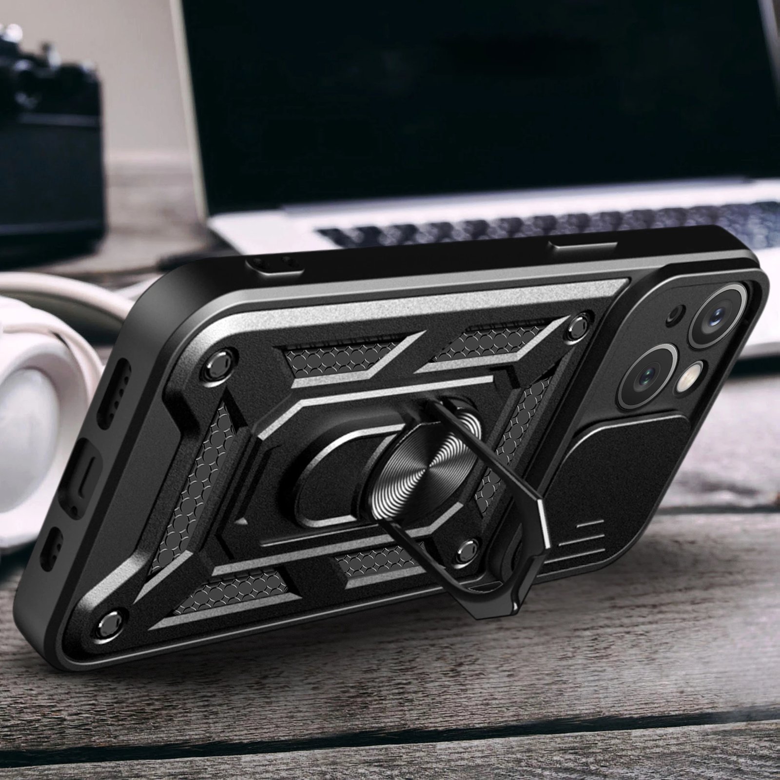 Mbështjellës Hurtel Hybrid Armor Camshield me mbajtëse dhe mbulesë kamere për iPhone 15 Plus, Zi