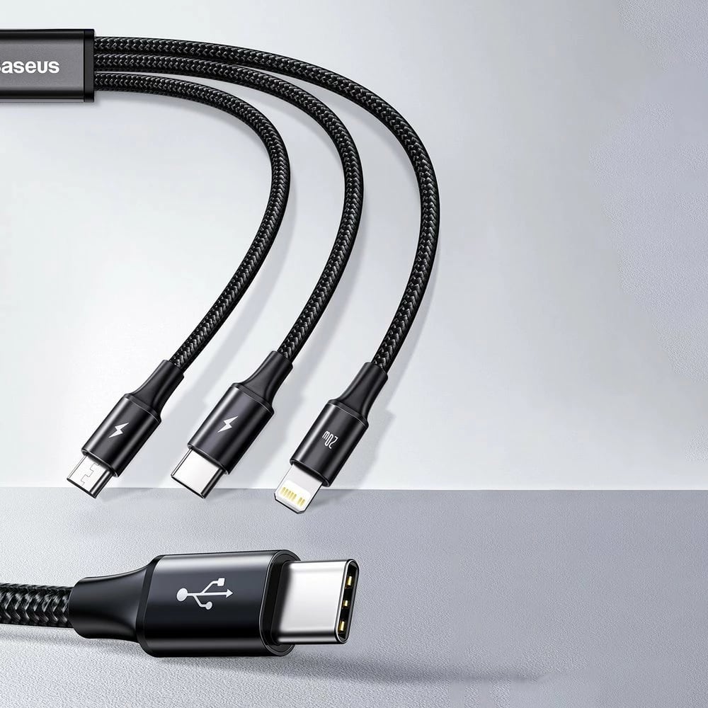 Kabllo 3-në-1 Baseus Rapid Series CAMLT-SC06, 1.5m, 20W, USB-C/Lightning/micro USB, e gjelbër Kabllo 3-në-1 Baseus Rapid Series CAMLT-SC06, 1.5m, 20W, USB-C/Lightning/micro USB, e gjelbër