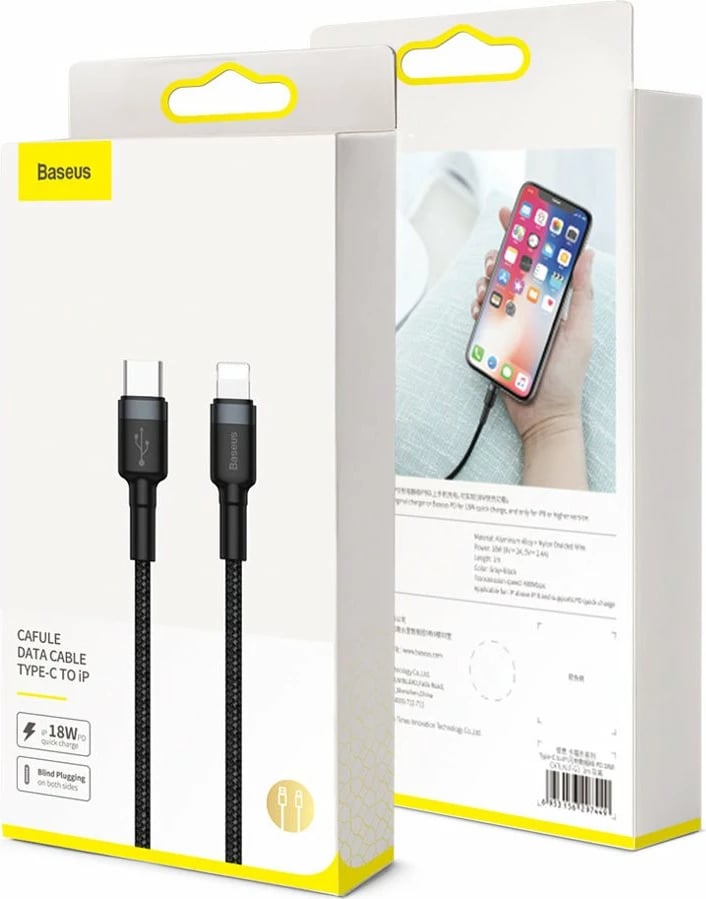 Kabllo Baseus Cafule CATLKLF-G1, USB-C në Lightning, 1m, 18W, e zezë/gri