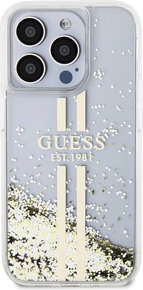 Mbështjellës Guess Liquid Glitter Gold Stripes për iPhone 15 Pro, Transparent Mbështjellës Guess Liquid Glitter Gold Stripes për iPhone 15 Pro, Transparent