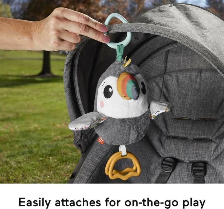 Lodër pelushi Fisher Price Flap & Go Toucan për karrocë, Gri/Bardhë