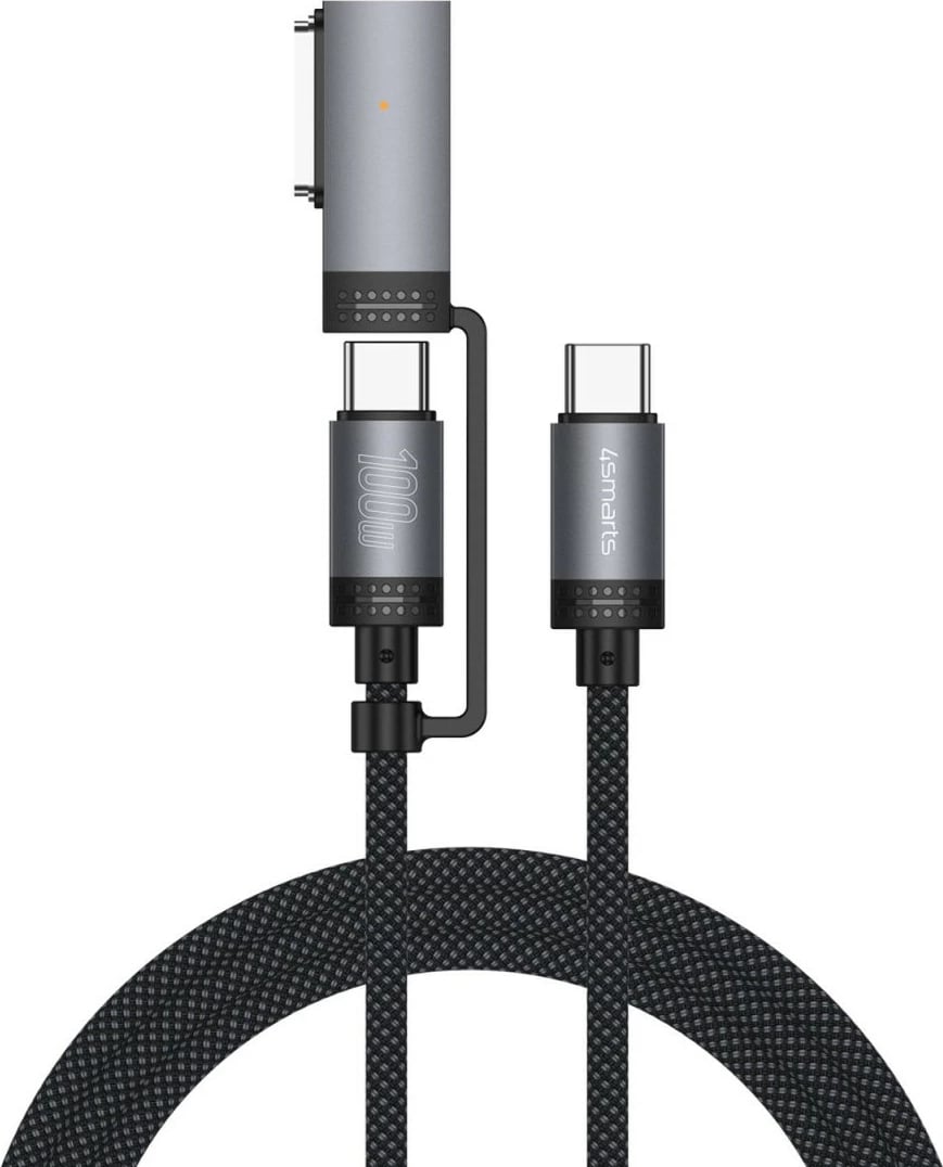 Kabllo 4smarts ComboCord 2m USB C/USB C-MagSafe 3, 100W, najlon, e zezë/gri