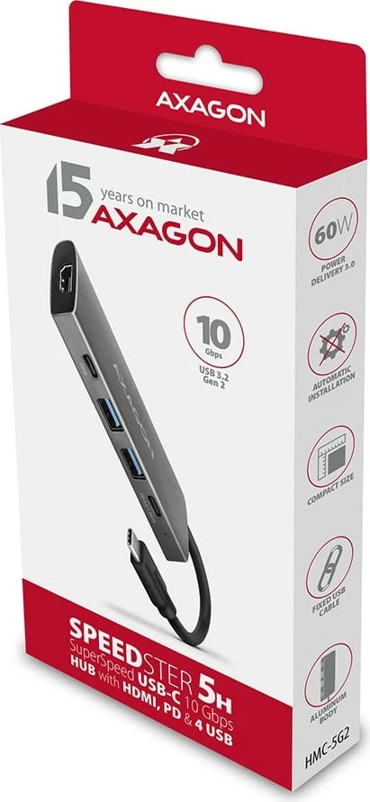 Hub USB-C AXAGON HMC-5G2, 5 porte, 10Gbps, HDMI 4K/60Hz, PD 100W, 13cm, zi/gri
