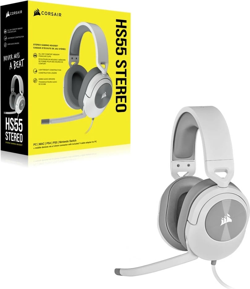 Kufje gaming Corsair HS55 Stereo, 3.5mm, mikrofon palosës, e bardhë