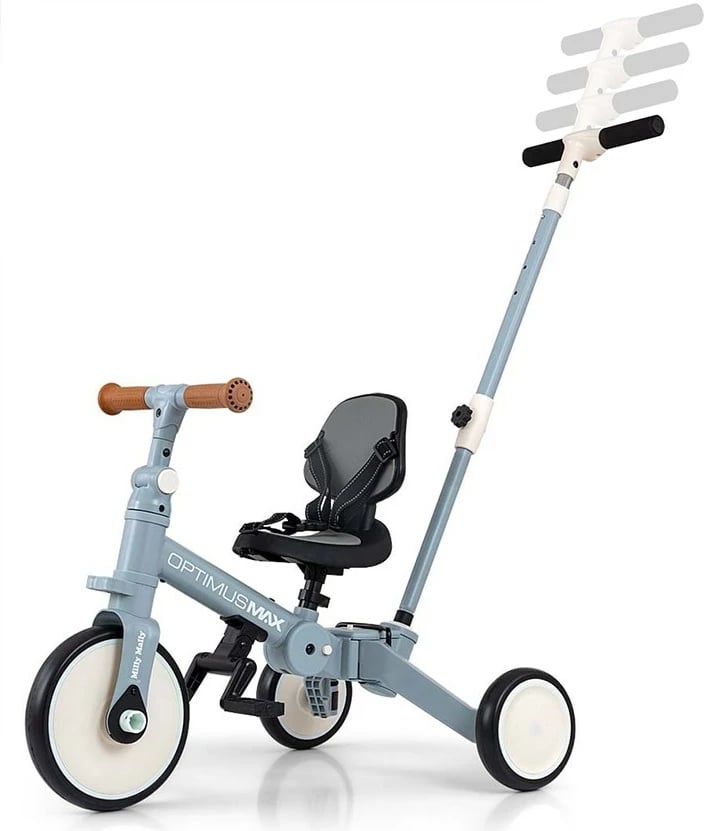 tricikël 5‑në‑1 me dorezë prindi, Milly Mally, Optimus Max, rrota shkumë, sedile e rregullueshme, 12–36 muaj, blu denim