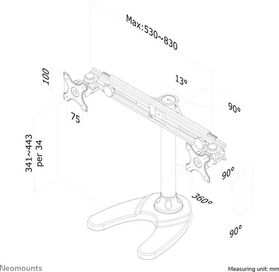 Mbajtës monitori Neomounts FPMA-D700DD, për 2 ekrane 19-30 inç, rregullim lartësie, i zi
