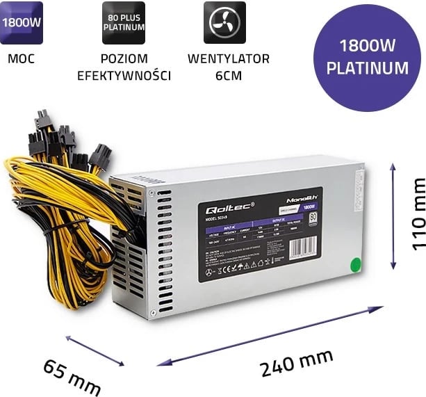 Burimi i Energjisë Qoltec 50349 PCI-E 1800W, 80 Plus Platinum për Lojëra dhe Miniera