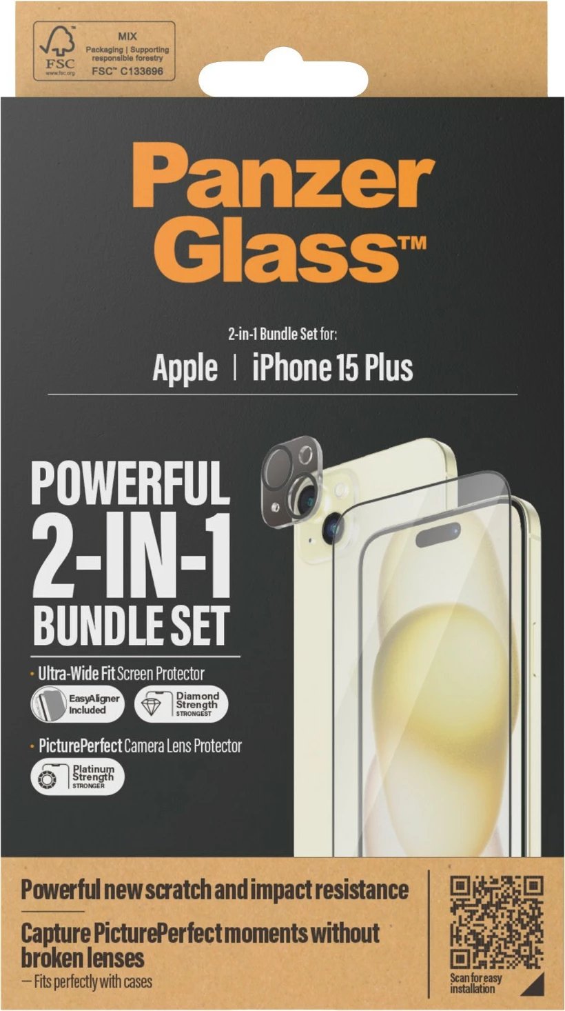 Xham mbrojtës PanzerGlass 2-in-1-Pack për iPhone 15 Plus, EasyAligner
