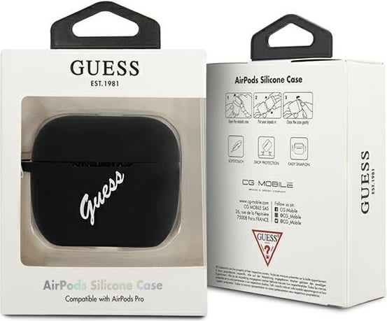 Mbështjellës Guess GUACAPLSVSBW për AirPods Pro, silikon, zi/bardhë