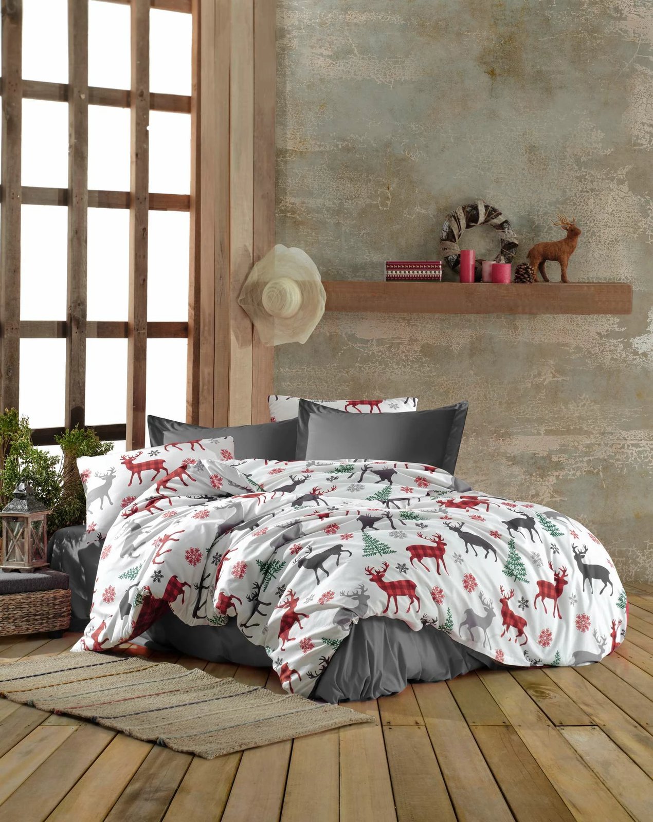 Set mbulesë për jorgan dopio, temë festive, ngjyrë e kuqe, e bardhë, e gjelbër, e hirtë, Chr-Coverset-1