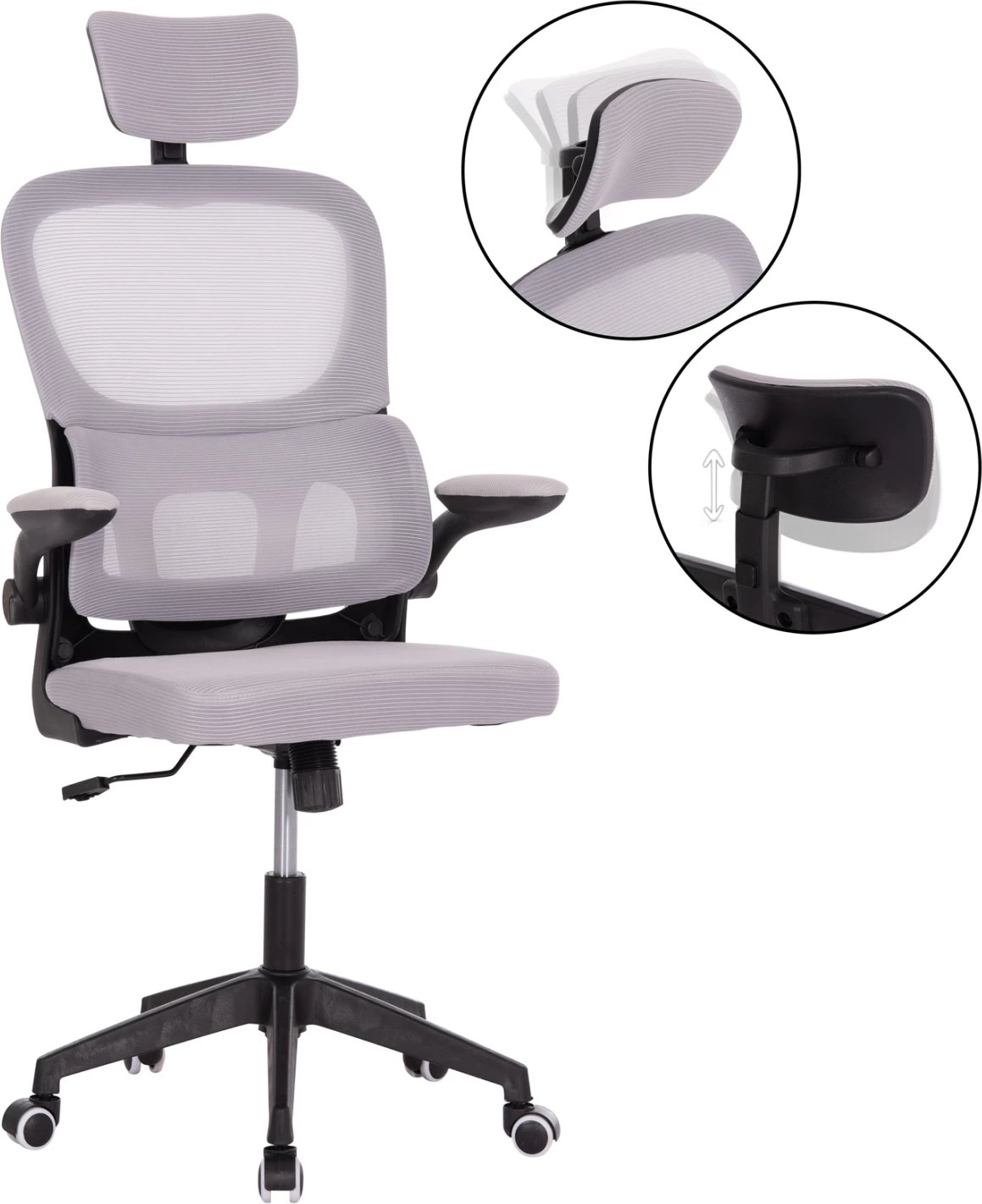 Karrige zyre Baston, material rrjete gri, kornizë PP e zezë, FH18236.02, 64x60x127cm