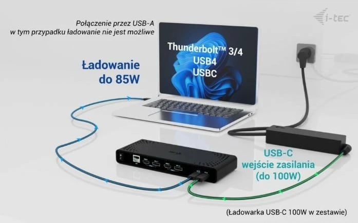 Kasë docking i-tec CADUA4KDOCKPDB100, 2x DisplayPort, 2x HDMI, 5x USB, RJ-45, 85W Power Delivery, me karikues USB-C, e zezë