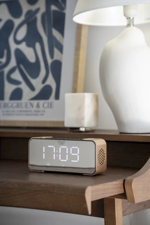 Orë alarmi me radio dhe Bluetooth, Adler AD 1190, stereo 2x3W, USB/SD/AUX, bateri 2600 mAh, ekran pasqyrë LCD i bardhë, e zezë/ngjyrë bakri