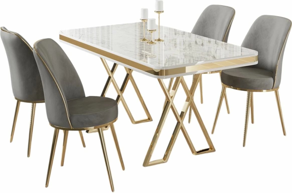 Tavolinë me karrige, 5 copë, Skye Decor, Vals, e bardhë, ari, gri