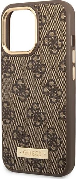 Mbështjellës Guess GUHMP14LU4GPRW për iPhone 14 Pro 6.1", 4G Logo Plate MagSafe, Kafe