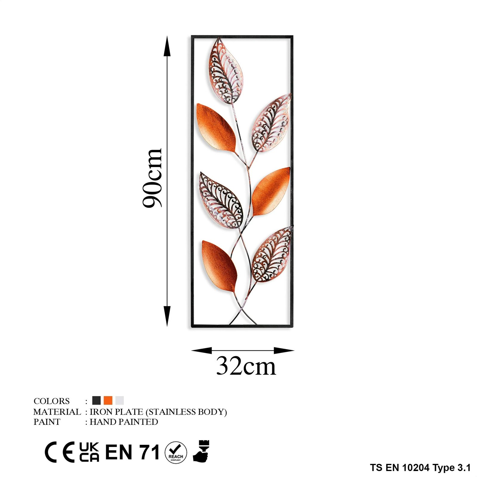 Aksesor dekorativ metalik për mur, Wallity, Leaf 3, shumëngjyrësh, 32x90cm