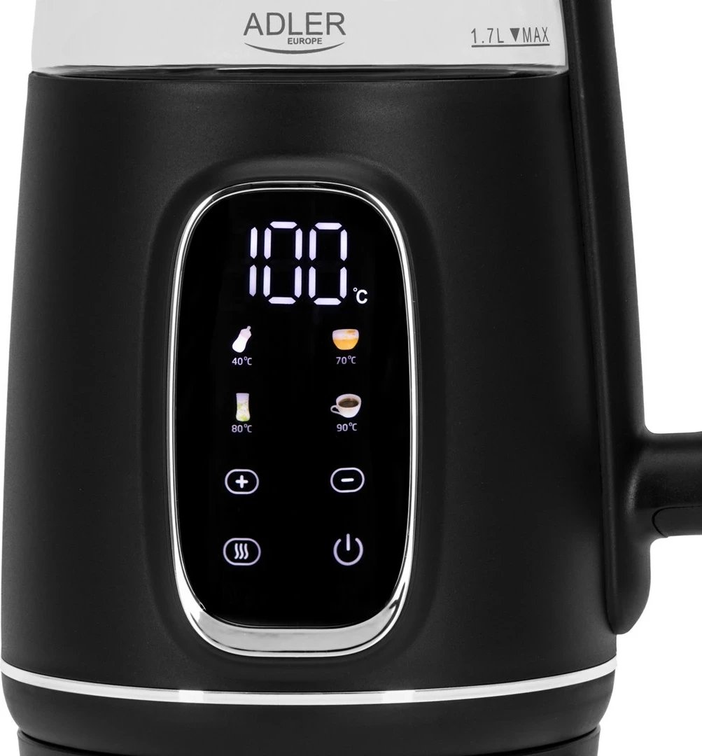 Ibrik elektrik Adler AD 1305bs, 1.7L, me ekran LED, i zi/argjendtë