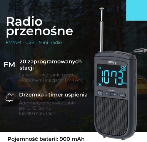 Radio portative, Camry CR 1905, AM/FM, ekran LCD, USB-C, 20 stacione, alarm, bateri 900 mAh