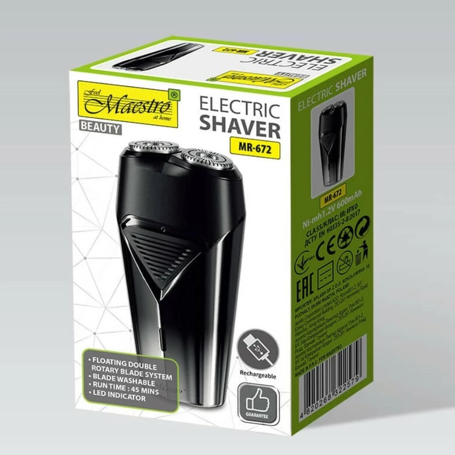 Makinë rroje elektrike udhëtimi meshkuj, Feel‑Maestro MR-672, 45 min, USB-C, 2 koka prerëse, 600 mAh, e zezë/argjend