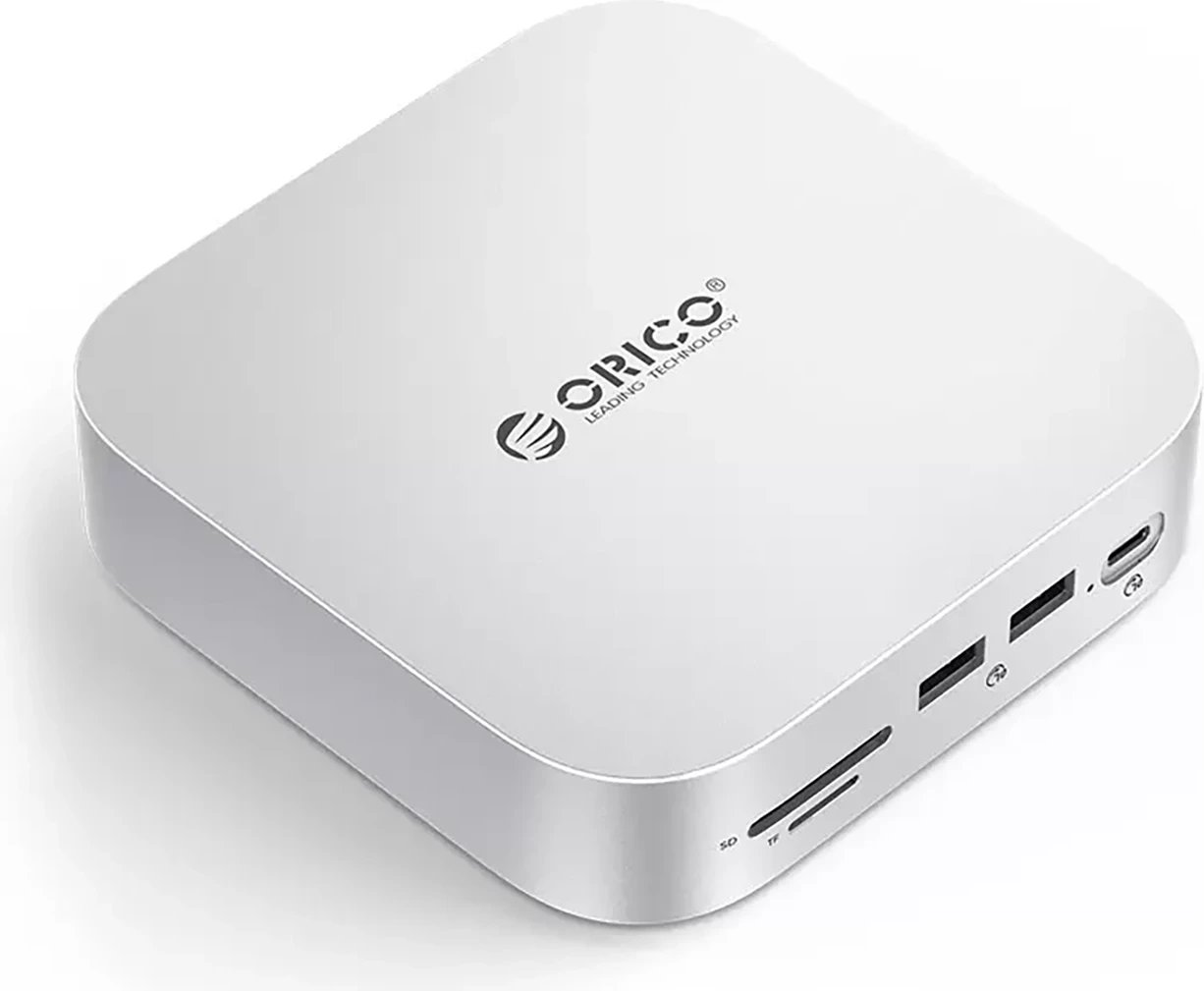 Stacion dokimi 9‑në‑1 Orico MiniLink ORICO-M48PR me hapësirë për hard disk, USB-C 10Gbps, LAN 2.5GbE, lexues SD/TF, audio 3.5 mm, argjend