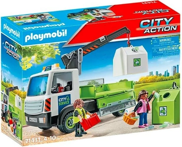 Set lodrash Playmobil City Action 71431, kamion me vinç dhe kontejnerë qelqi, 62 pjesë