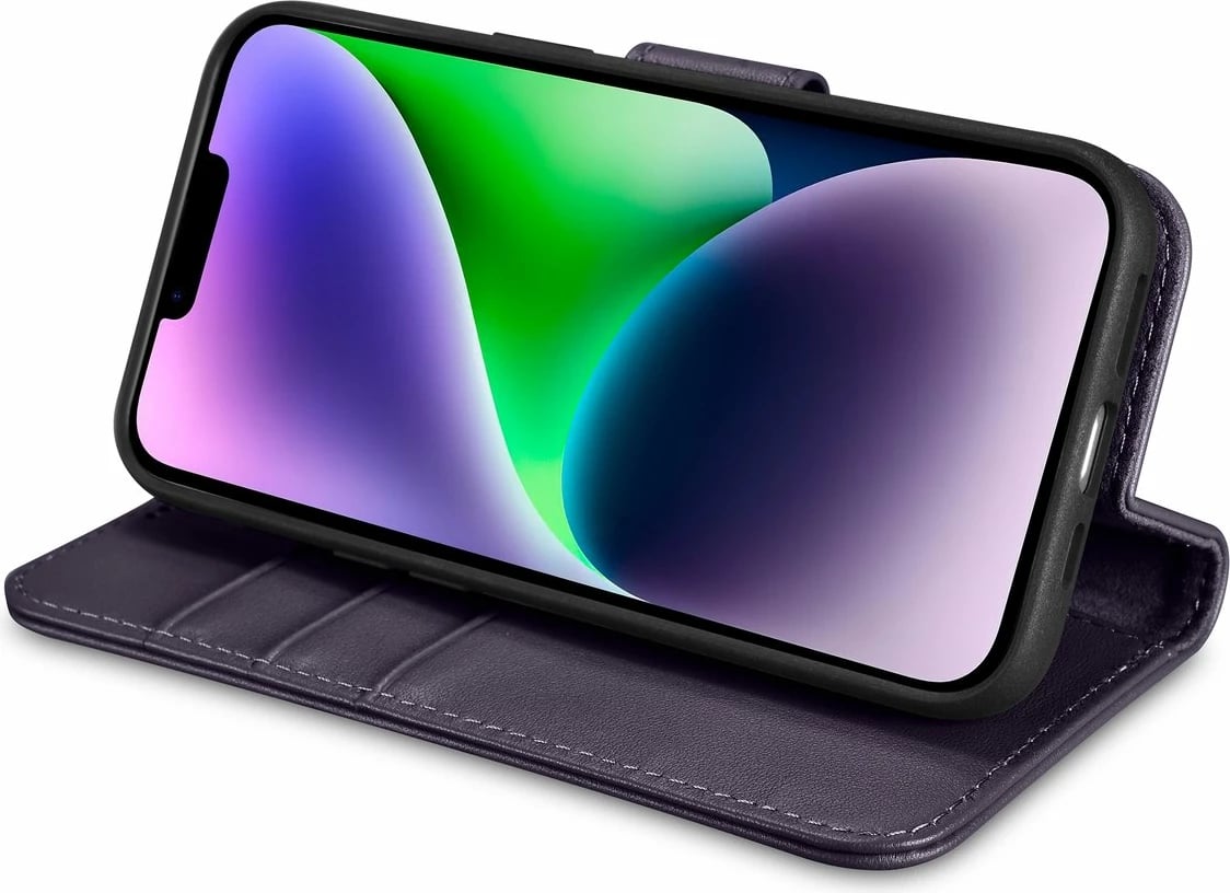 Mbështjellës iCarer Wallet Case 2in1 për iPhone 14, lëkurë natyrale, Anti-RFID, Vjollcë e errët