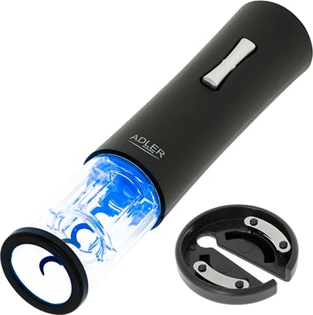 Hapës vere elektrik, Adler AD 4490, me dritë LED, prerëse folie në set, për tapa 20-24 mm, 4xAA (pa bateri), i zi