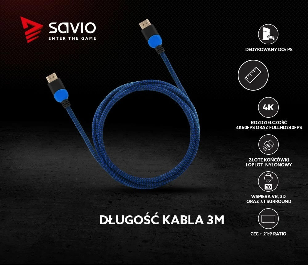 Kabllo HDMI Savio GCL-05, 3m, 2.0, Najlon, Zezë/Blu