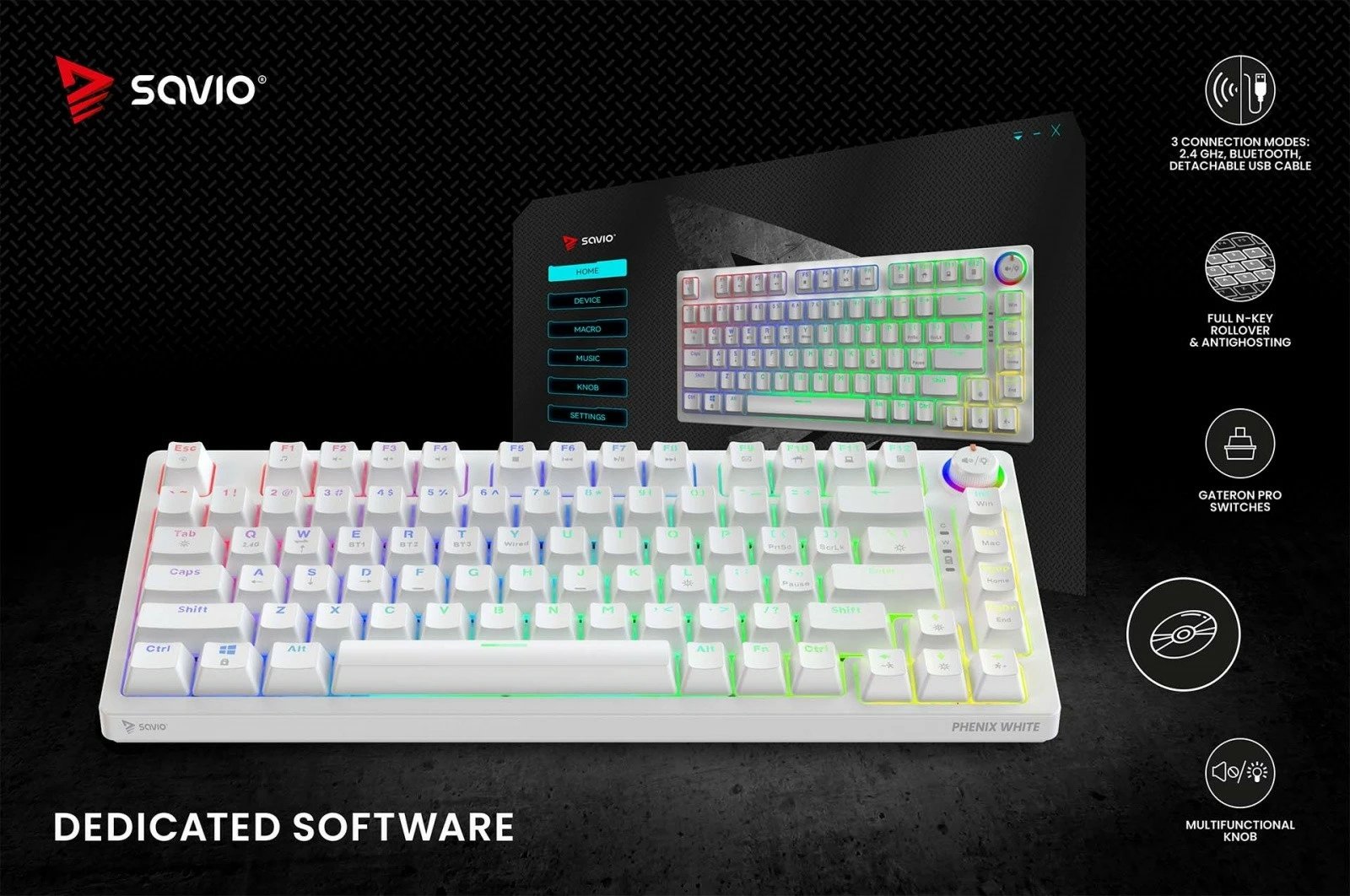 Tastierë mekanike wireless Savio PHENIX WHITE GAT RED, 82 tasta, RGB, e bardhë