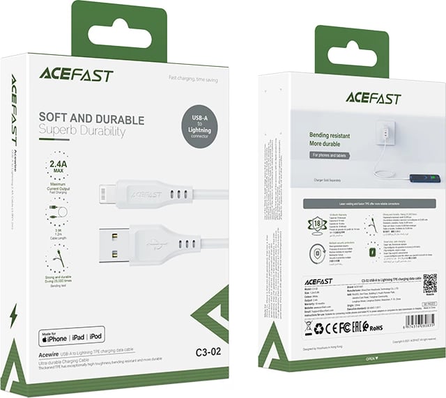 Kabllo Acefast C3-02, USB-A në Lightning, 1.2m, 2.4A, e bardhë