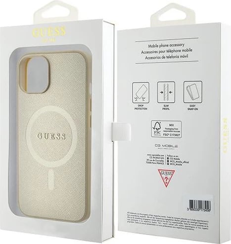 Mbështjellës Guess GUHMP15SPSAHMCB për iPhone 15 6.1", Saffiano MagSafe, ari Mbështjellës Guess GUHMP15SPSAHMCB për iPhone 15 6.1", Saffiano MagSafe, ari