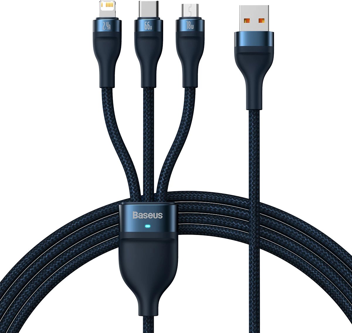 Kabllo karikimi 3-në-1 Baseus Flash Series II, USB-A në USB-C/Micro-USB/Lightning, 1.2m, 66W, Kaltër