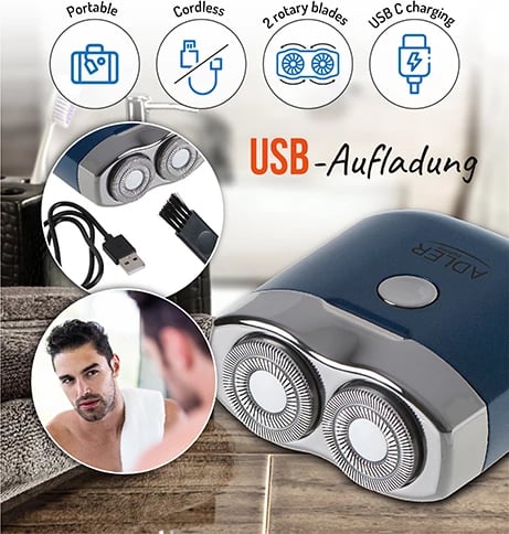 Makinë rroje udhëtimi, Adler AD 2937, dy koka, USB‑C, pa kabllo, bateri 250 mAh, deri 35 min