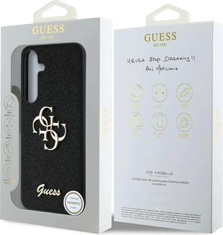 Mbështjellës Guess Fixed Glitter Big 4G Metal Logo për Samsung Galaxy S25 Plus, i zi Mbështjellës Guess Fixed Glitter Big 4G Metal Logo për Samsung Galaxy S25 Plus, i zi