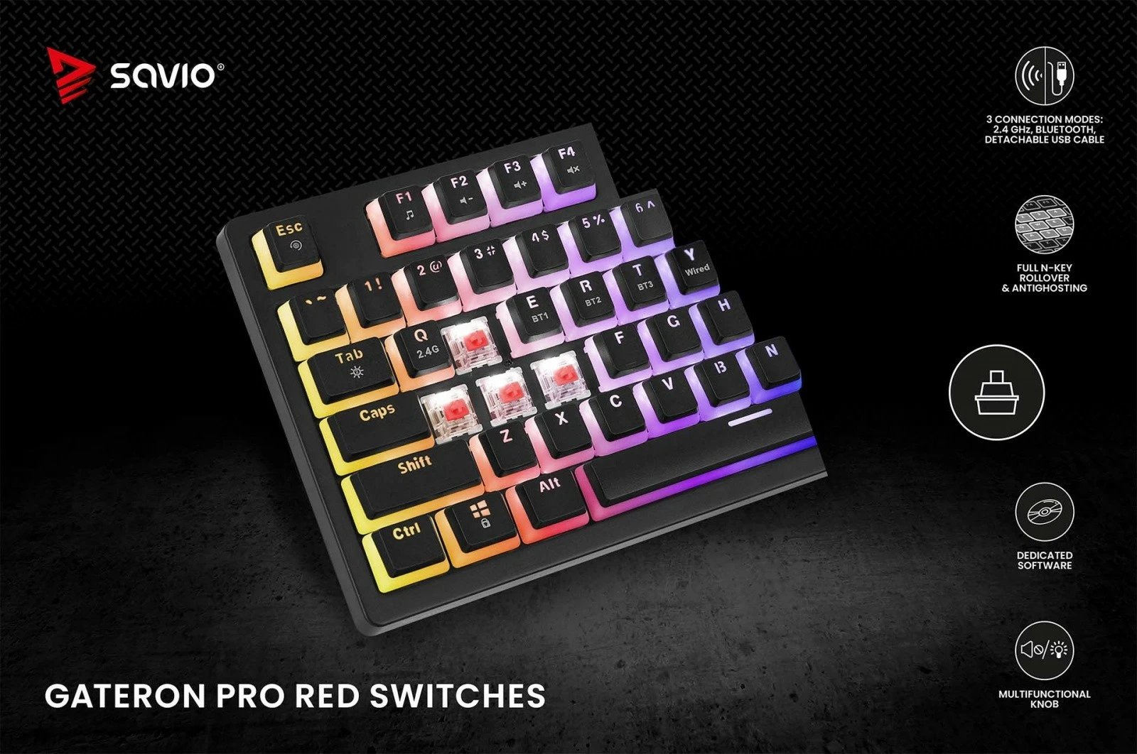 Tastierë mekanike wireless Savio PHENIX, Gateron Red Pro, Pudding, e zezë Tastierë mekanike wireless Savio PHENIX, Gateron Red Pro, Pudding, e zezë