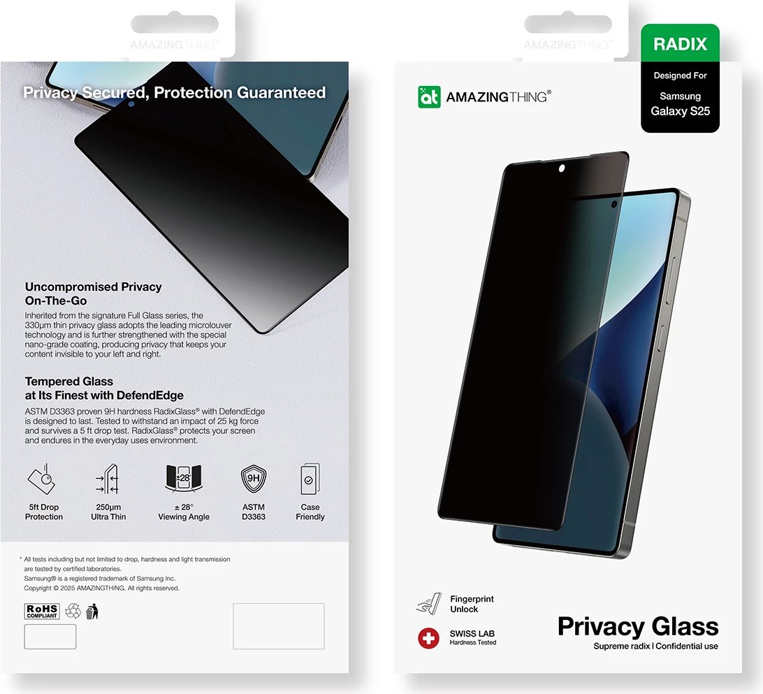 Xham mbrojtës privacy AmazingThing Radix për Samsung Galaxy S25, transparent