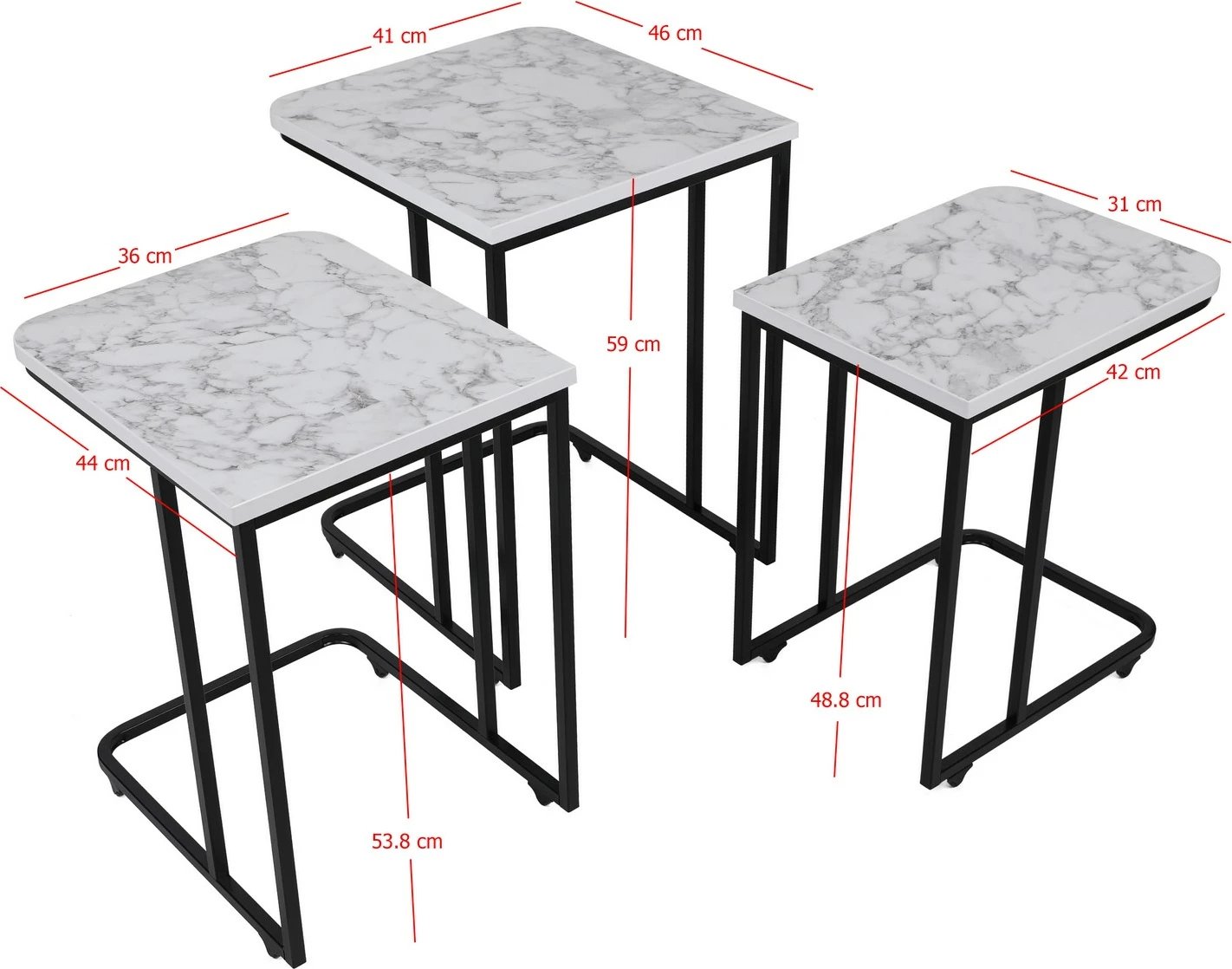 Set tavolinash ndihmëse të mbivendosura, 3 copë, Hanah Home, metal, sipërfaqe MDF, e bardhë/zezë, 9404