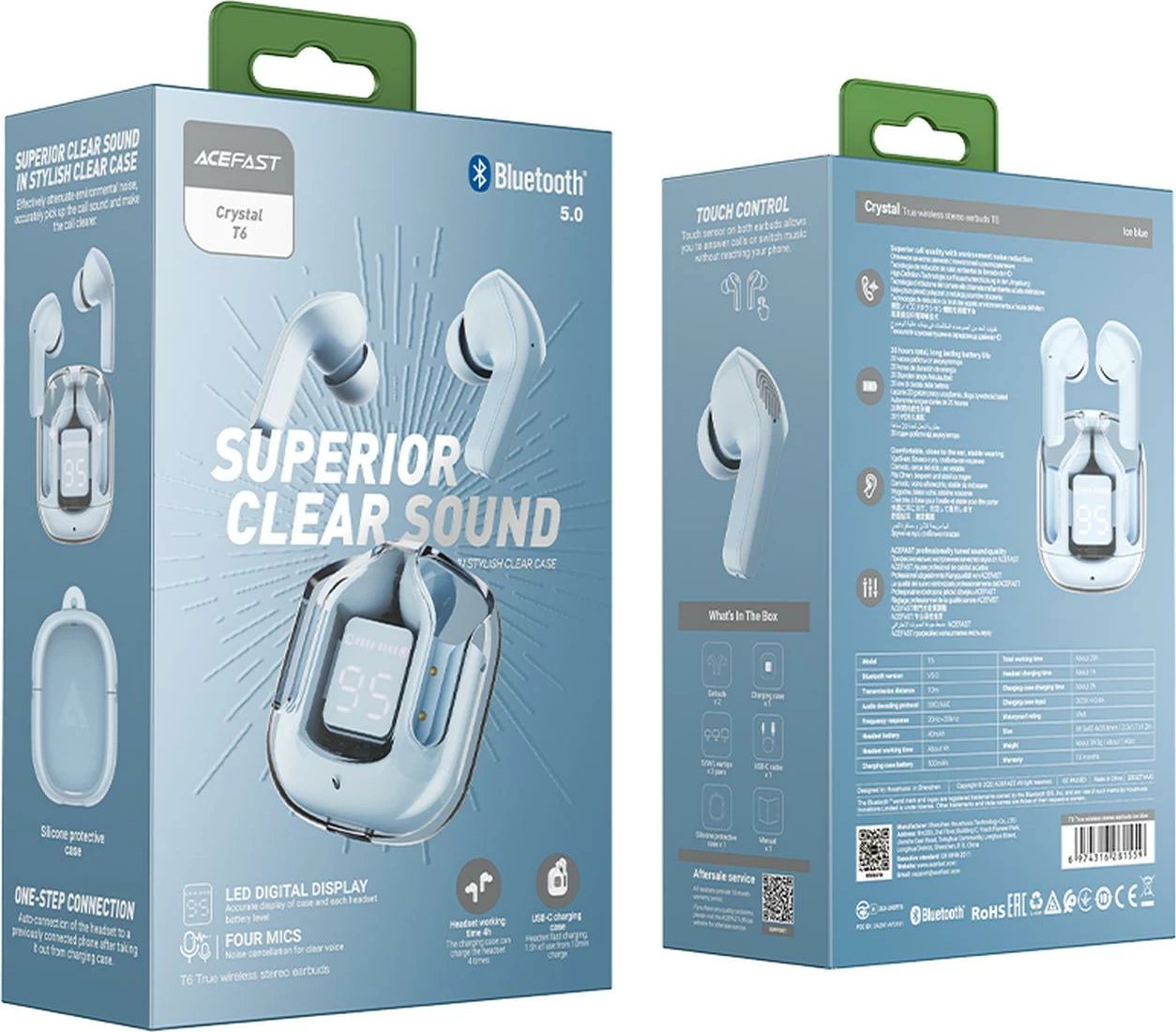 Kufje Acefast T6 TWS wireless, Bluetooth, me ekran LED, Light Blue