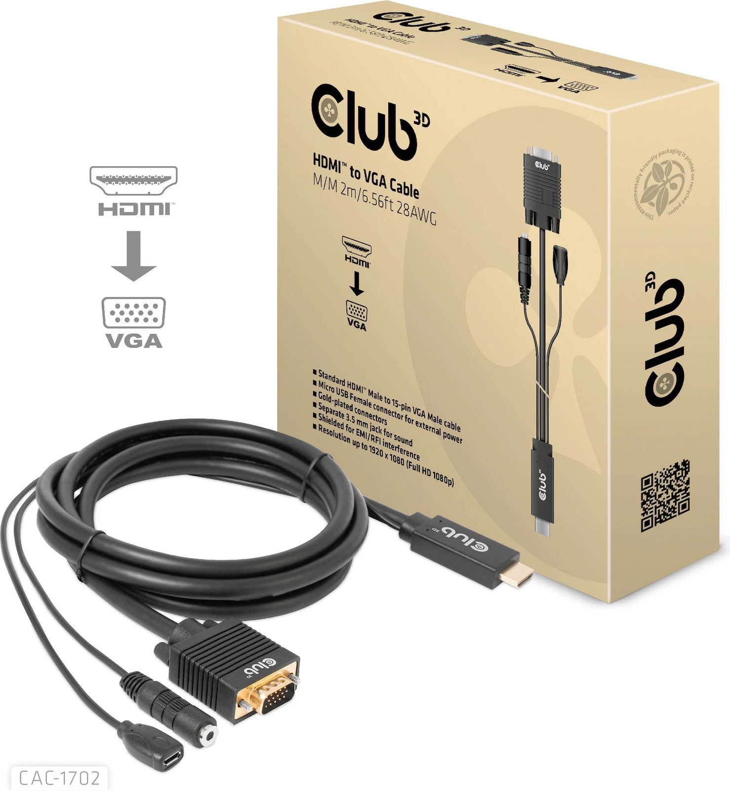Kabllo HDMI në VGA Club3D CAC-1702, 2m, me audio 3.5mm, e zezë