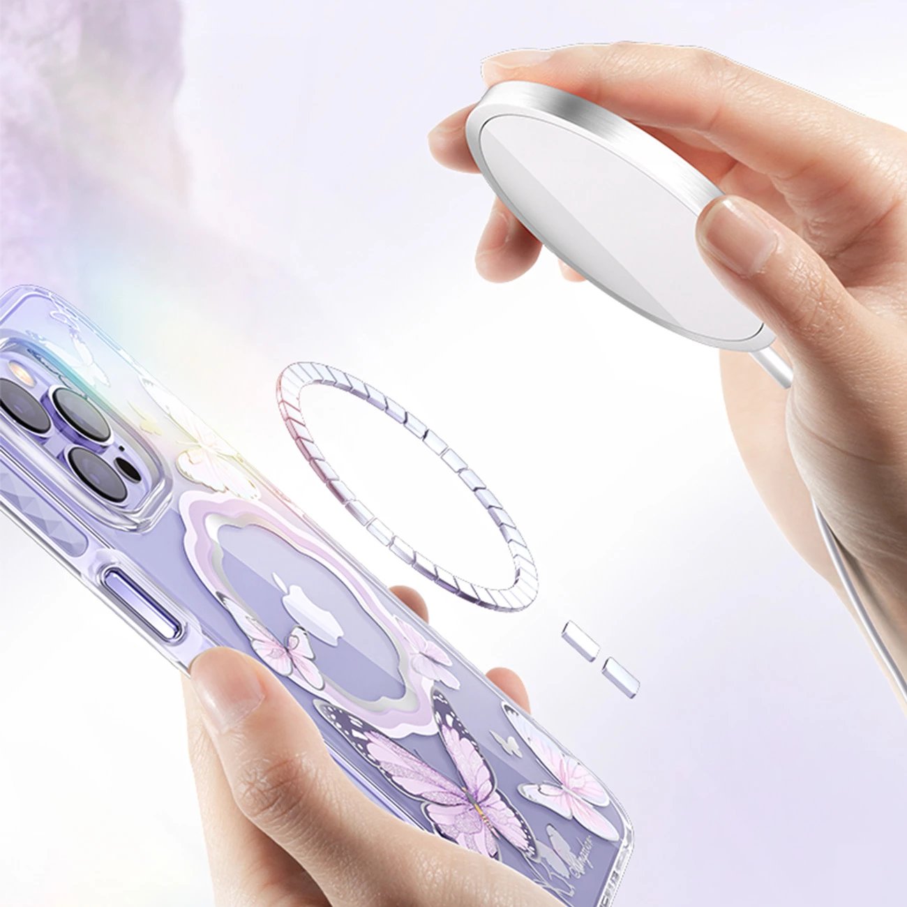 Mbështjellës Kingxbar Butterfly Series për iPhone 14 Plus, MagSafe, Rozë, Transparent