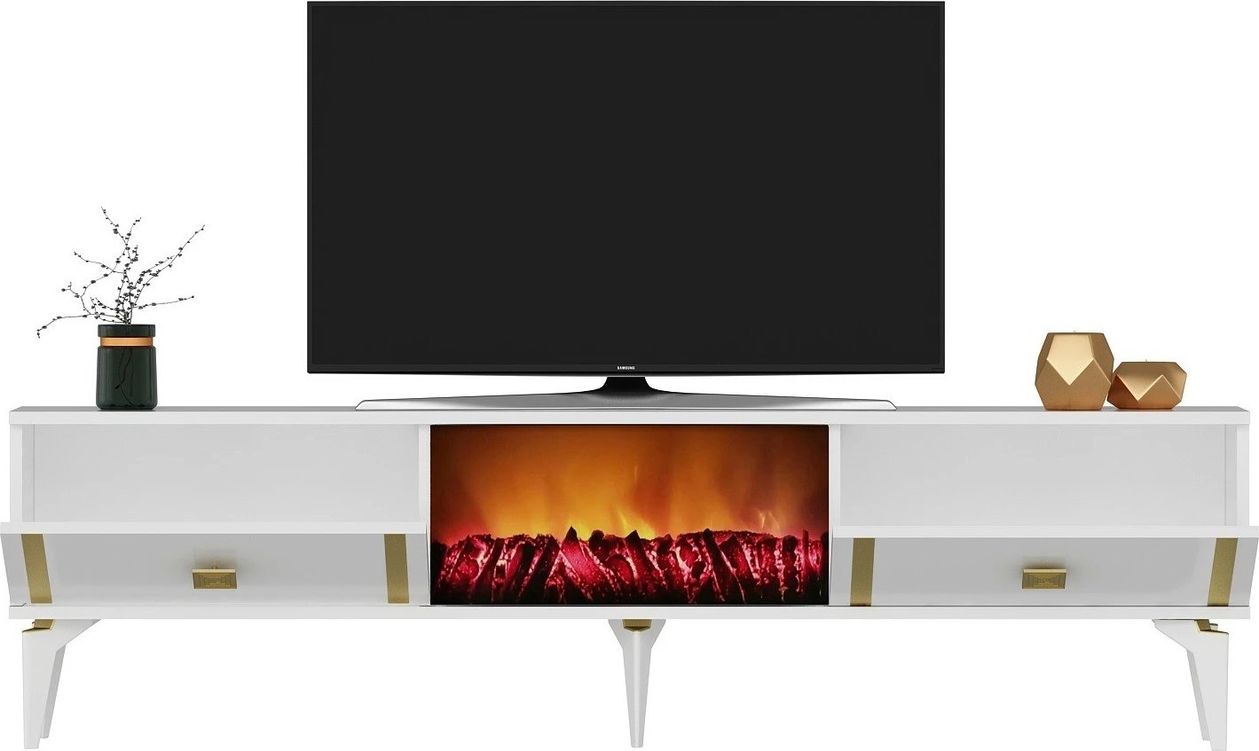 Komodë TV me oxhak elektrik, ngjyrë e bardhë dhe ari, Skye Decor, Doruk Fireplace