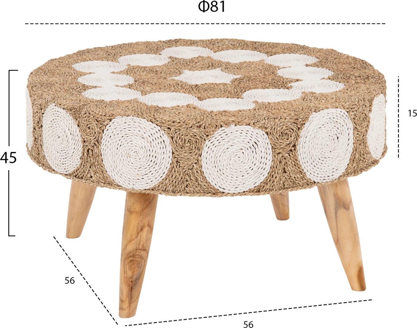 Tavolinë kafeje e rrumbullakët, dru tik dhe seagrass, ngjyrë natyrale & e bardhë, FH7825, 81x45cm