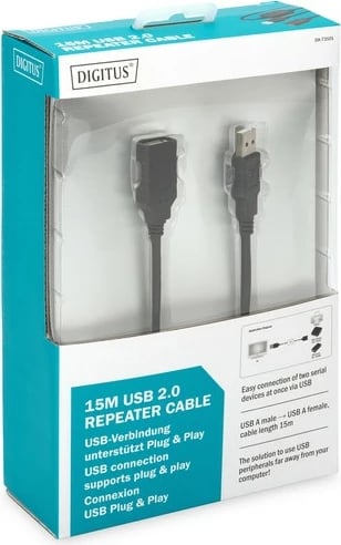Kabllo zgjatuese USB 2.0 Digitus DA-73101, 15m, e zezë