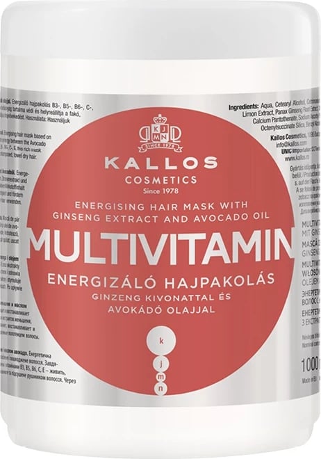 Maskë për flokë Kallos KJMN Multivitamin Energising për femra, 1000ml