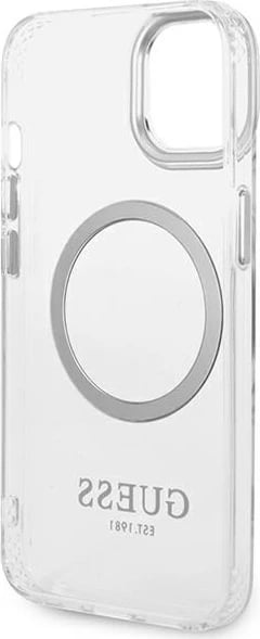 Mbështjellës Guess GUHMP14SHTRMS për iPhone 14 6.1", hardcase, MagSafe, argjendtë/transparent