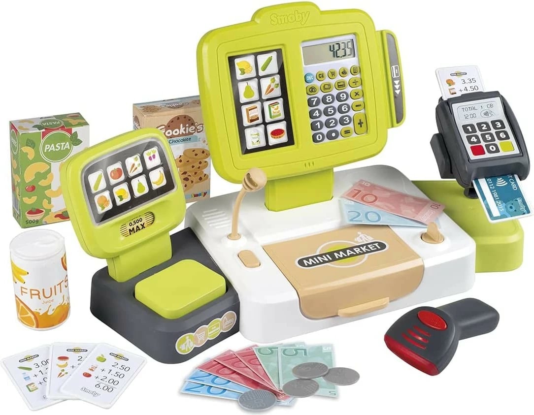 Kasë elektronike lodër Smoby Mini Market me skaner, shumëngjyrëshe, set me 30 aksesorë