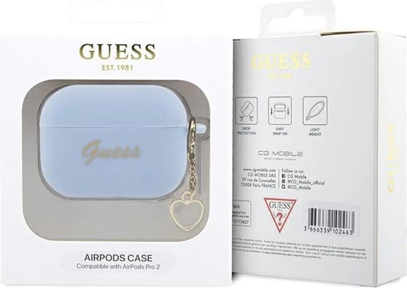 Mbështjellës Guess për AirPods Pro 2, Silicone Charm Heart, me karabinë, Blu