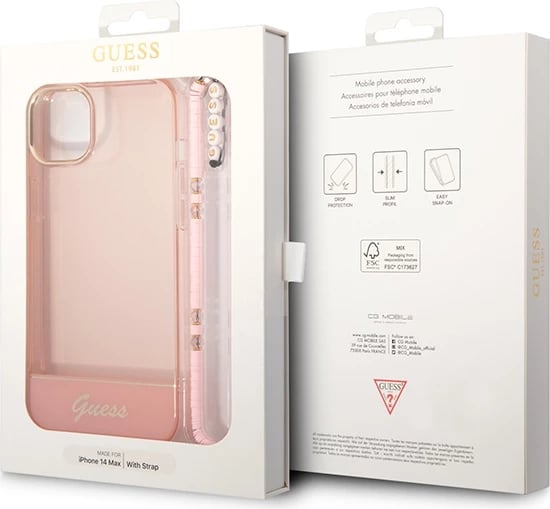 Mbështjellës Guess GUHCP14MHGCOHP për iPhone 14 Plus 6.7", Translucent Pearl Strap, Rozë