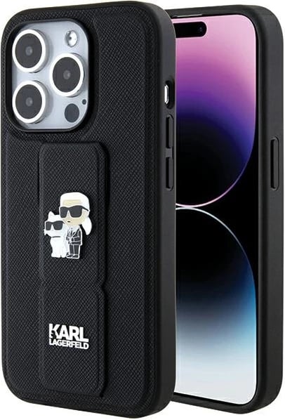 Mbështjellës Karl Lagerfeld Gripstand Saffiano Karl&Choupette Pins për iPhone 15 Pro Max, i zi
